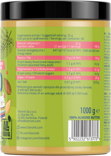 OstroVit 100% Almond Butter 1000 g Smooth (Островит Миндальное масло) 1158375 фото