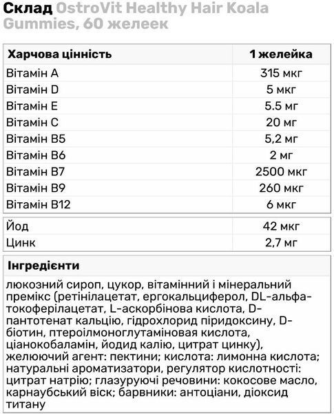 OstroVit Healthy Hair Koala Gummies Комплекс витаминов и минералов со вкусом черники и малины 60 желеек (Островит Коала) 970187 фото